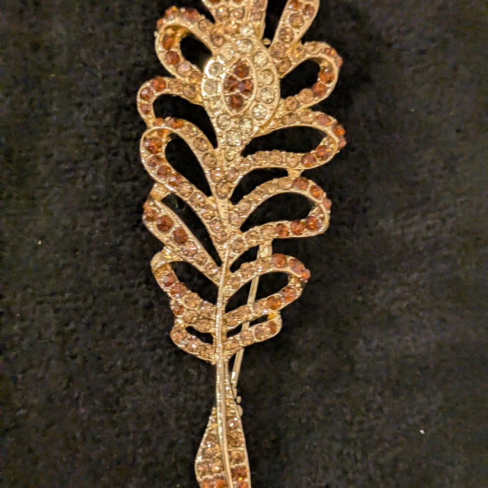 Vintage Gold and Brown Crystal Feather Brooch W/ Earrings